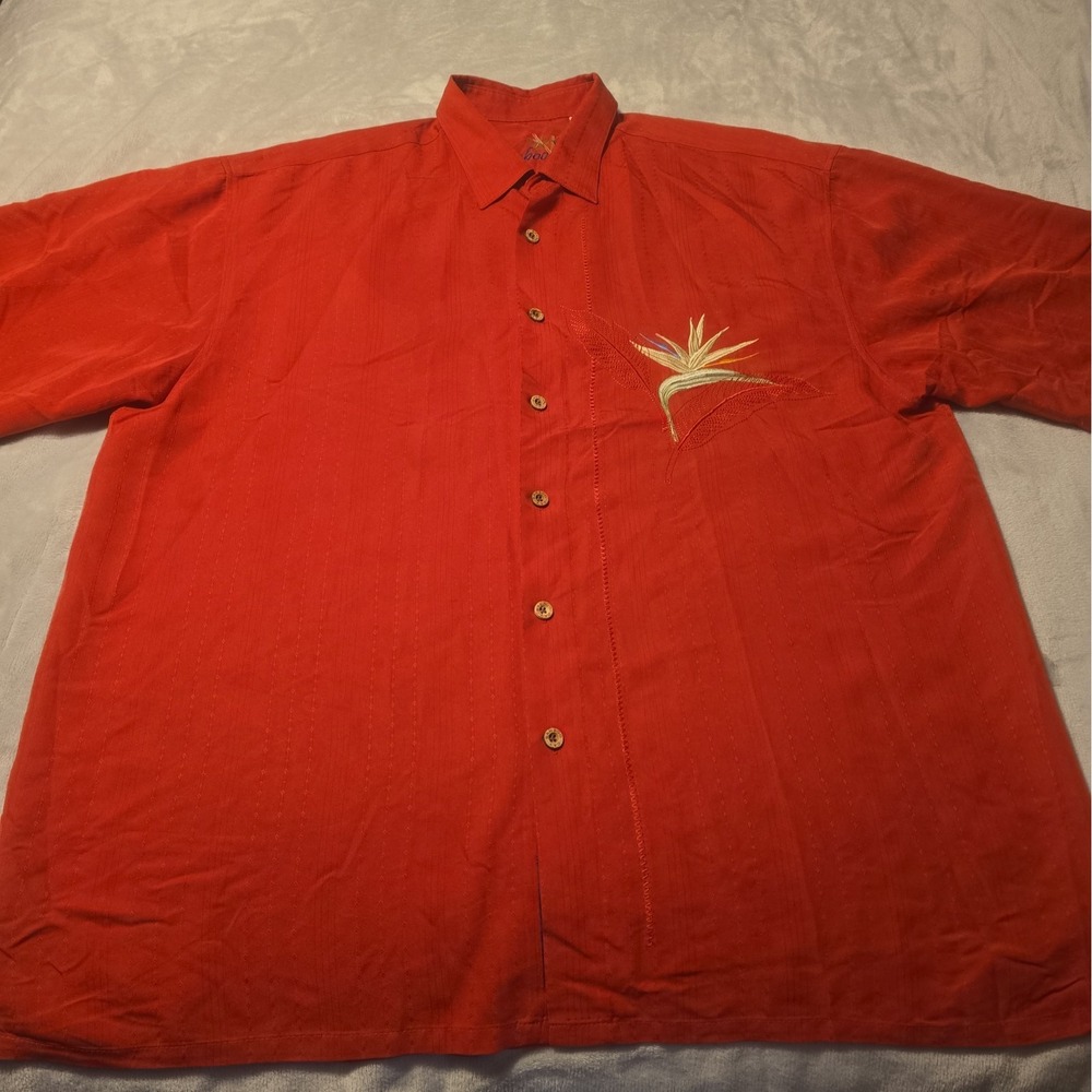 Bamboo Cay Men's Large Red Palm Tree Embroidered Tropical Hawaiian Shirt
